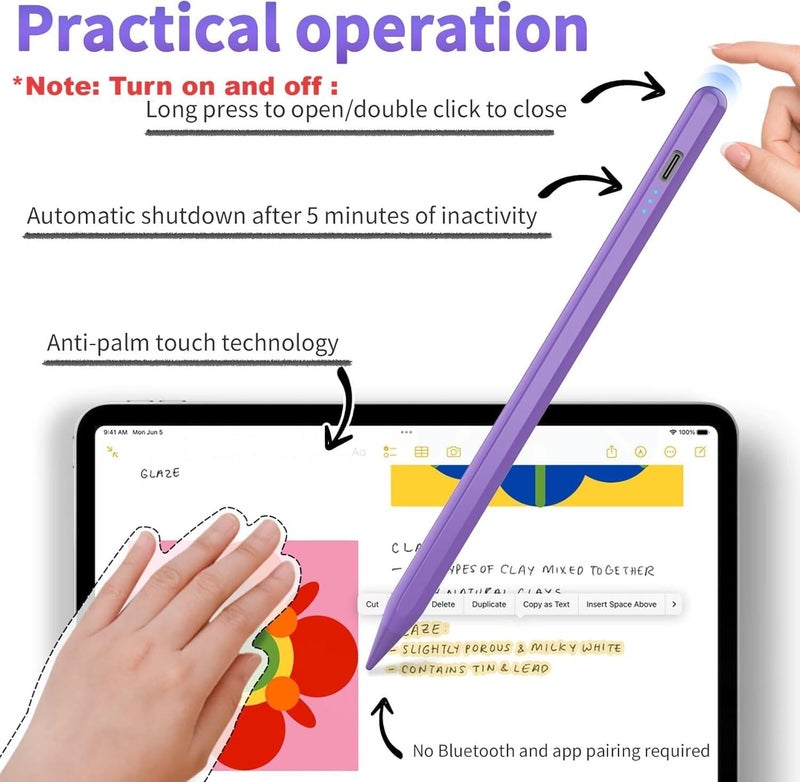 HZD Stylus Pen for iPad 2025-2018 Faster Charge Apple Pencil with Tilt Sensitivity & Palm Rejection & Magnetic Compatible iPad 11/10/9/8/7/6, Pad Air 3/4/5, Pro 12.9"/11", Mini 6/5, M2/M4 Purple - Image 4